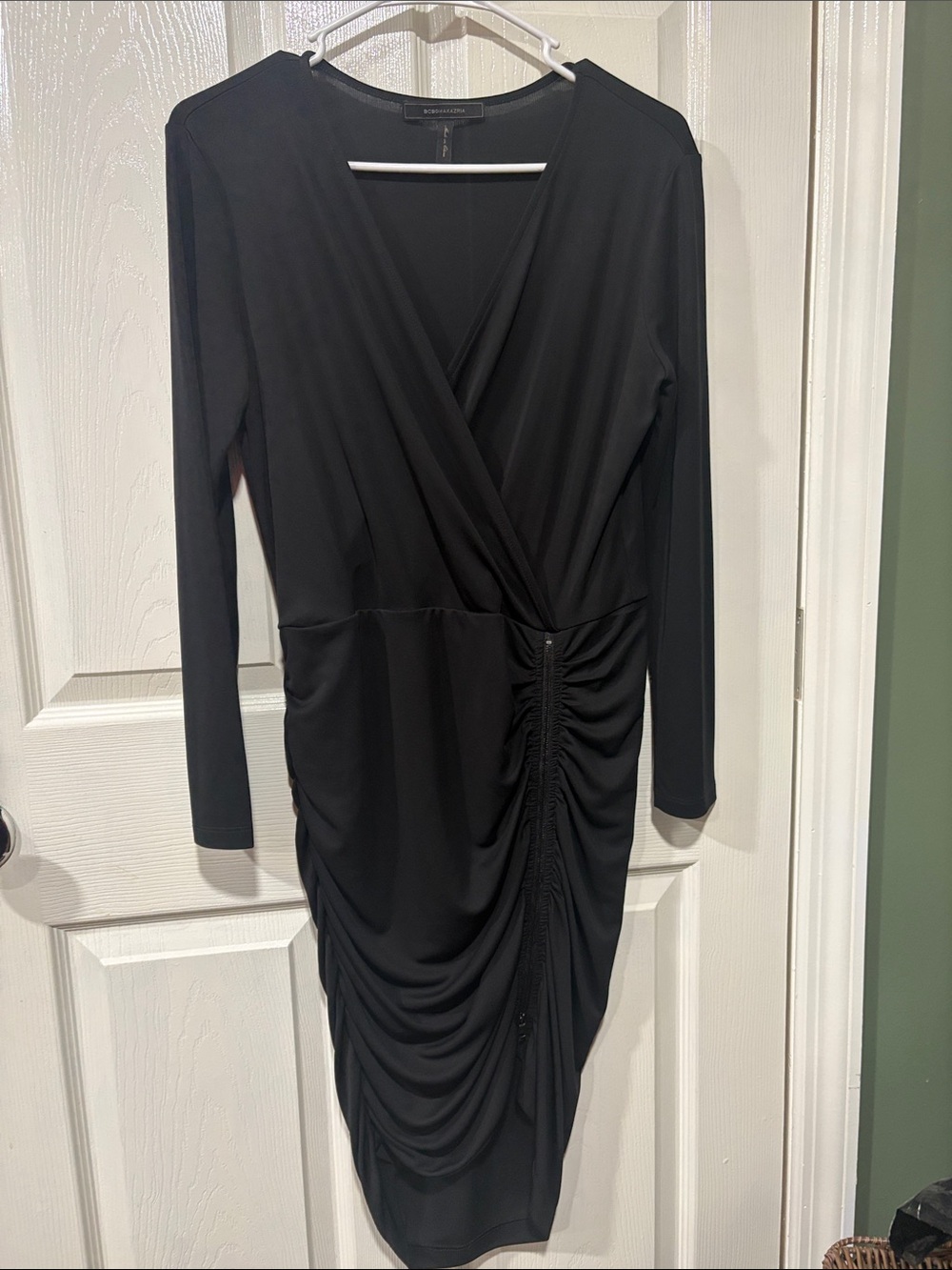 BCBGMaxAzria Black Ruched Wrap-Front Long Sleeve Midi Dress